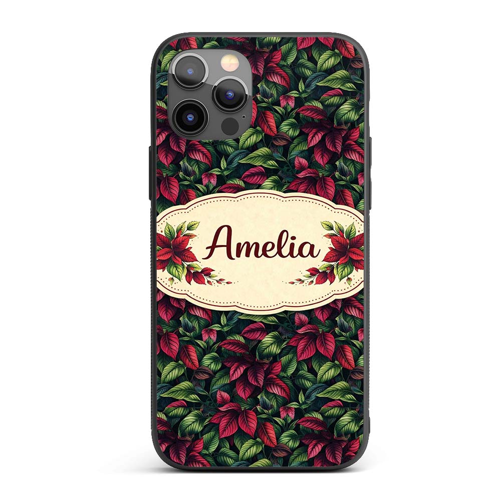 Red Green Tropical Leaves Dense Printed Design Custom Name Protective Phone Case Mobile Cover Durable Everyday Smartphone Shock Resistant