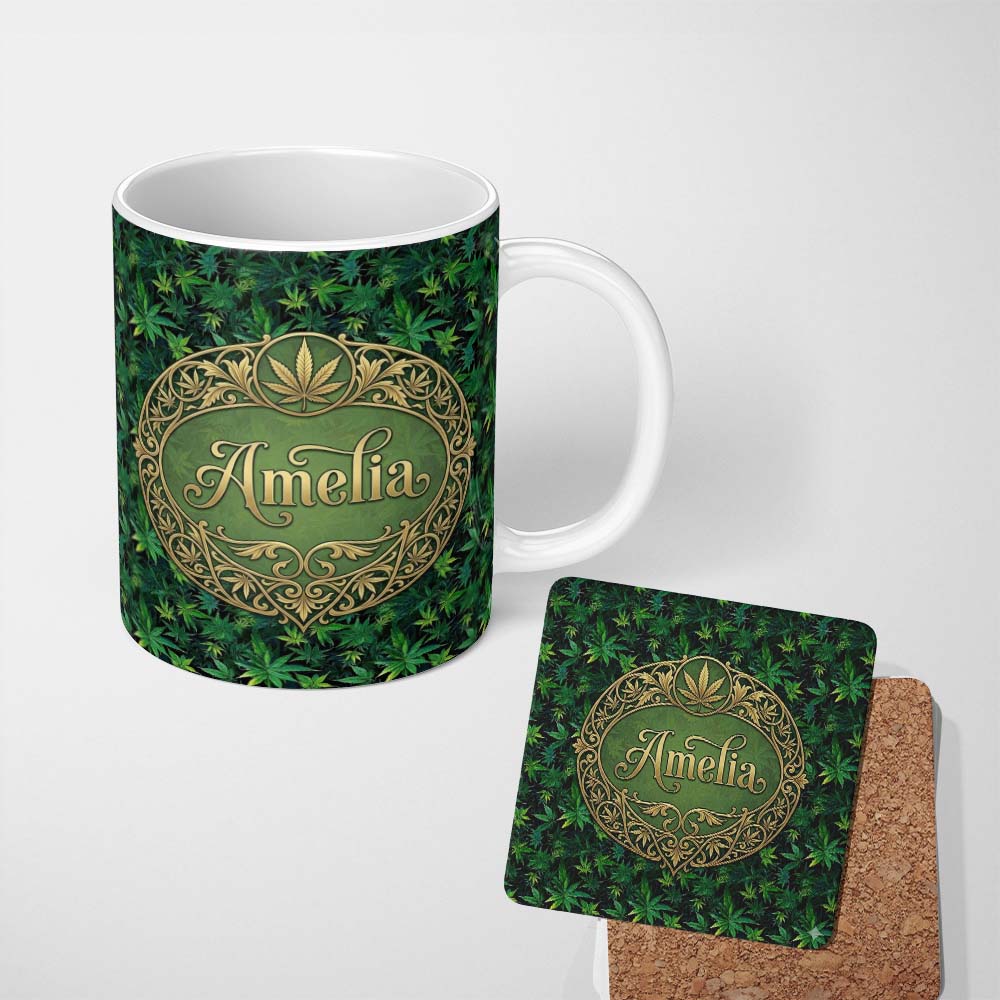 Personalized Custom Name Deep Jungle Green Cannabis Foliage Dense Seamless Pattern Custom 11oz Ceramic Coffee Tea Mug White Large Handle