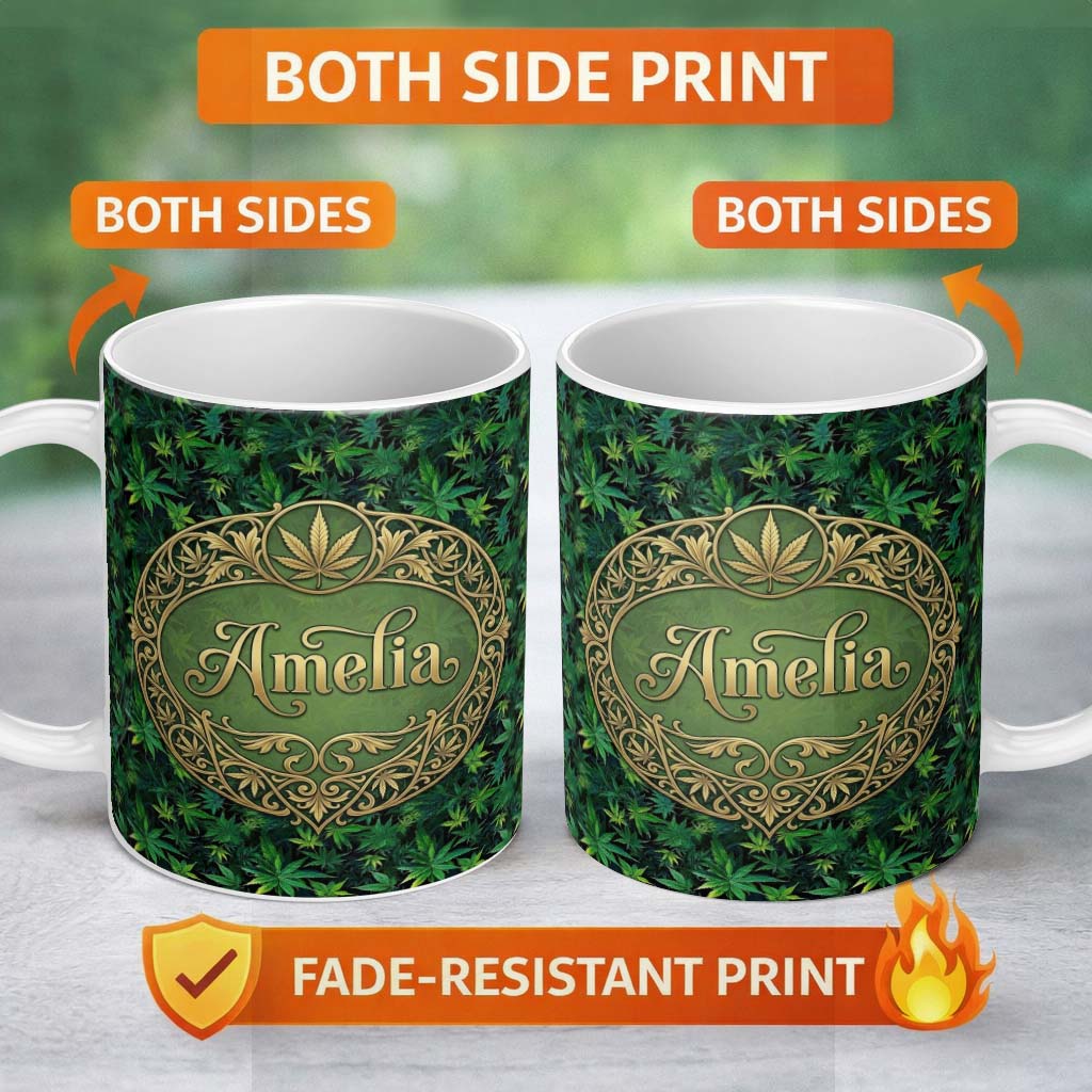 Personalized Custom Name Deep Jungle Green Cannabis Foliage Dense Seamless Pattern Custom 11oz Ceramic Coffee Tea Mug White Large Handle