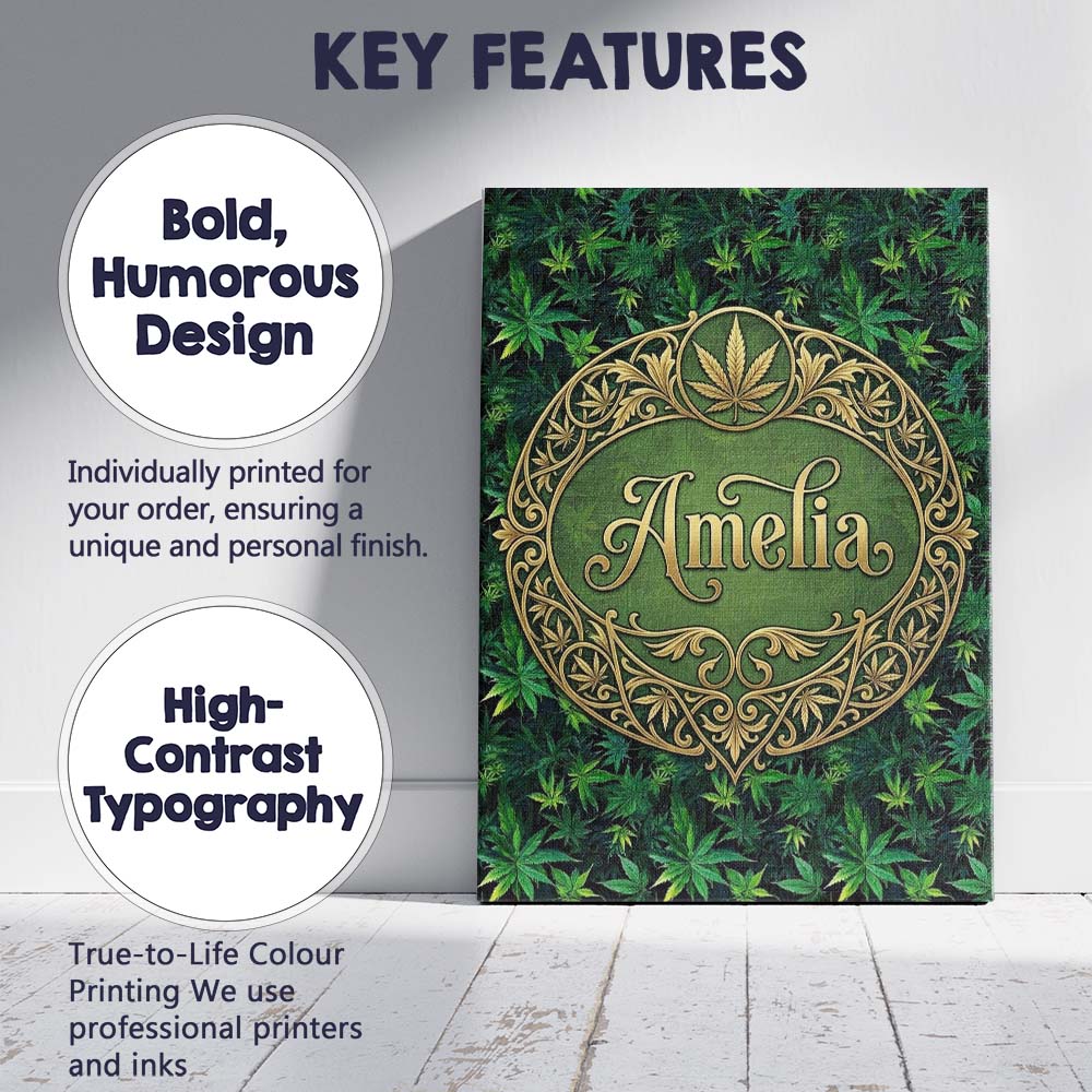 Personalised Name Deep Jungle Green Cannabis Custom Bespoke Contemporary Display Canvas Wall Art Print Decor Picture Ready to Hang