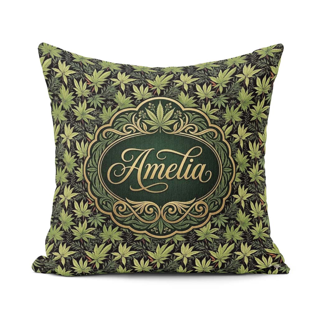 Custom Name Dark Botanical Cannabis Leaf Repeat Seamless Pattern Square Filled Cushion Throw Pillow Sofa Bed Home Decor Zip Washable UK Made