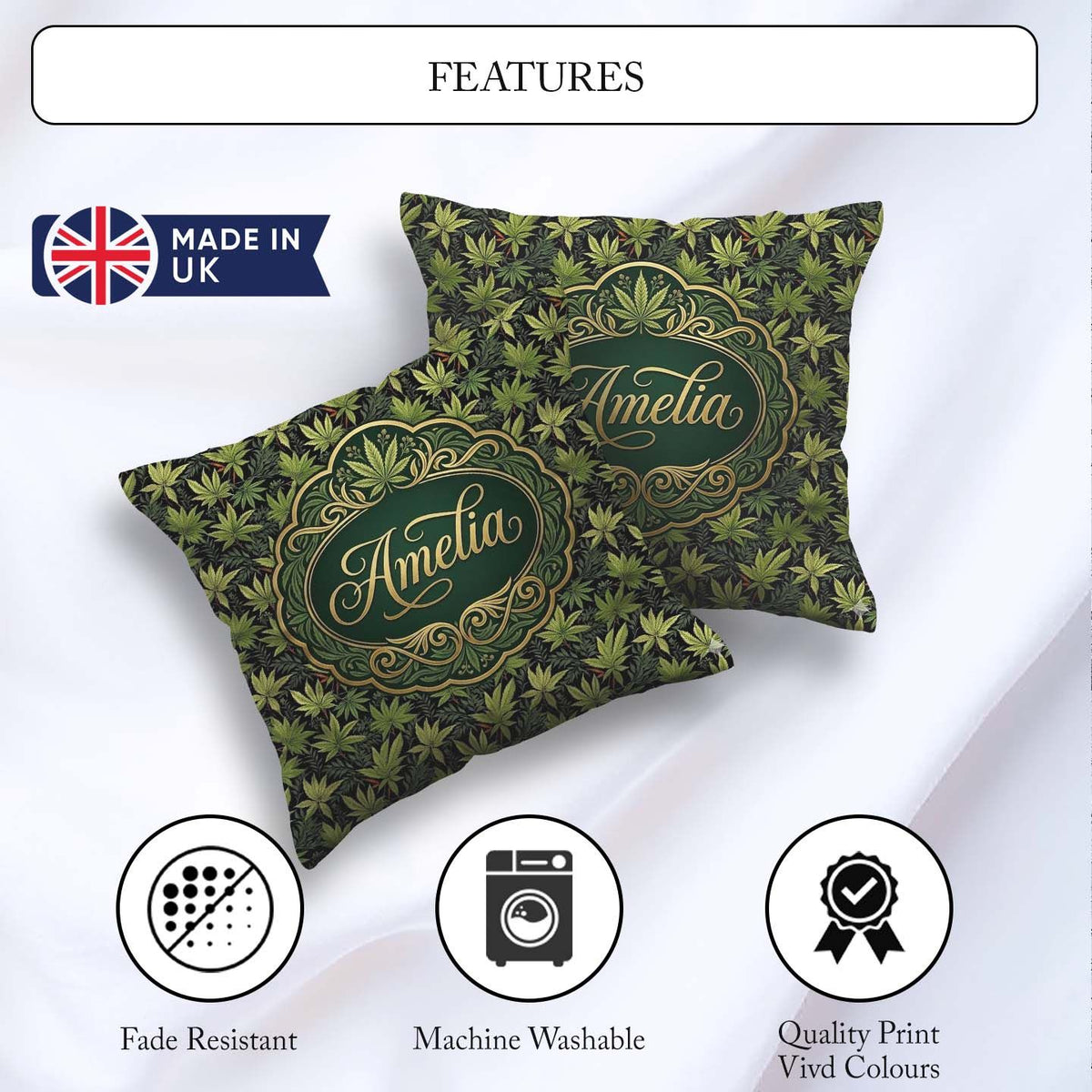 Custom Name Dark Botanical Cannabis Leaf Repeat Seamless Pattern Square Filled Cushion Throw Pillow Sofa Bed Home Decor Zip Washable UK Made