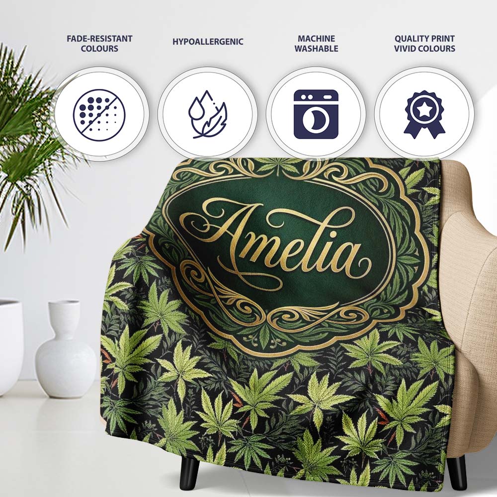 Dark Background Botanical Cannabis Leaf Repeat Seamless Pattern Personalised Custom Name Super Soft Fleece Blanket Bed Sofa Throw