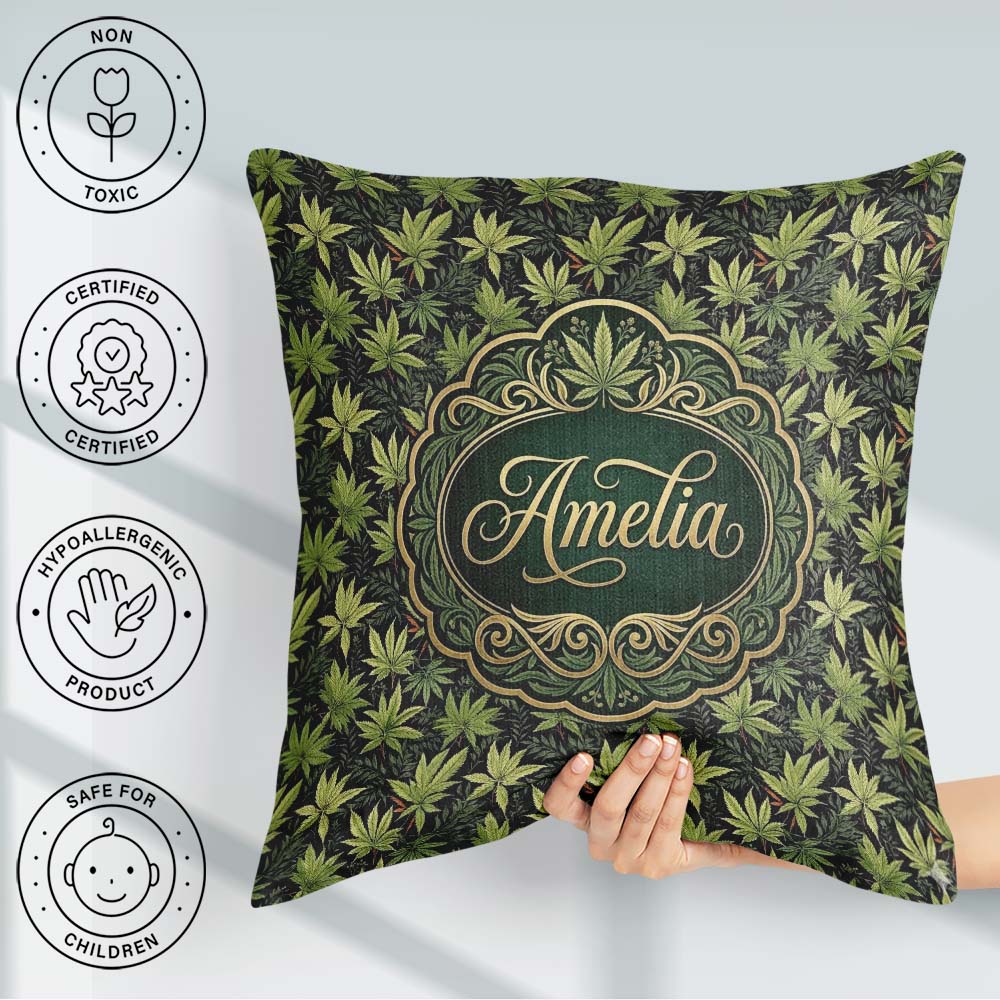 Custom Name Dark Botanical Cannabis Leaf Repeat Seamless Pattern Square Filled Cushion Throw Pillow Sofa Bed Home Decor Zip Washable UK Made