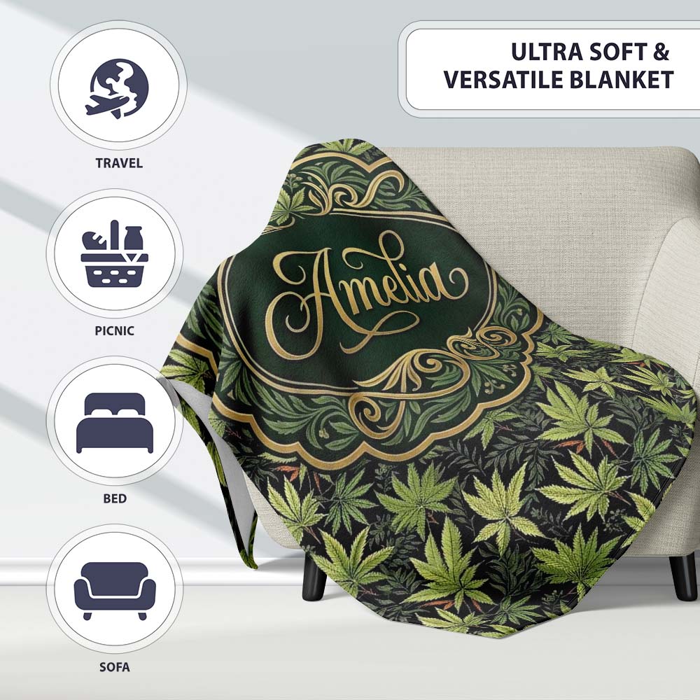 Dark Background Botanical Cannabis Leaf Repeat Seamless Pattern Personalised Custom Name Super Soft Fleece Blanket Bed Sofa Throw