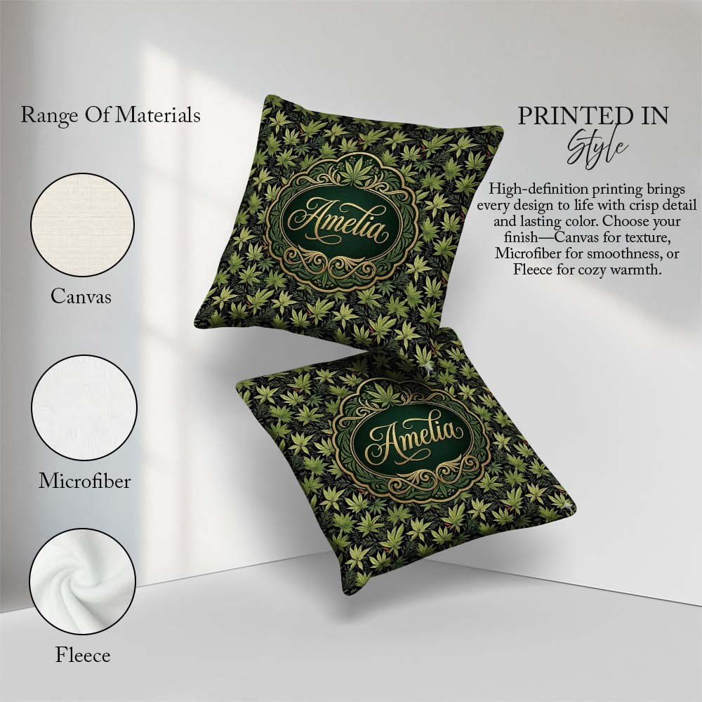 Custom Name Dark Botanical Cannabis Leaf Repeat Seamless Pattern Square Filled Cushion Throw Pillow Sofa Bed Home Decor Zip Washable UK Made