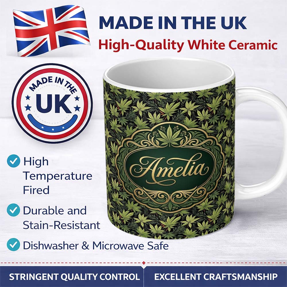 Personalized Custom Name Dark Background Botanical Cannabis Leaf Repeat Seamless Pattern 11oz Ceramic Coffee Tea Mug White Large Handle