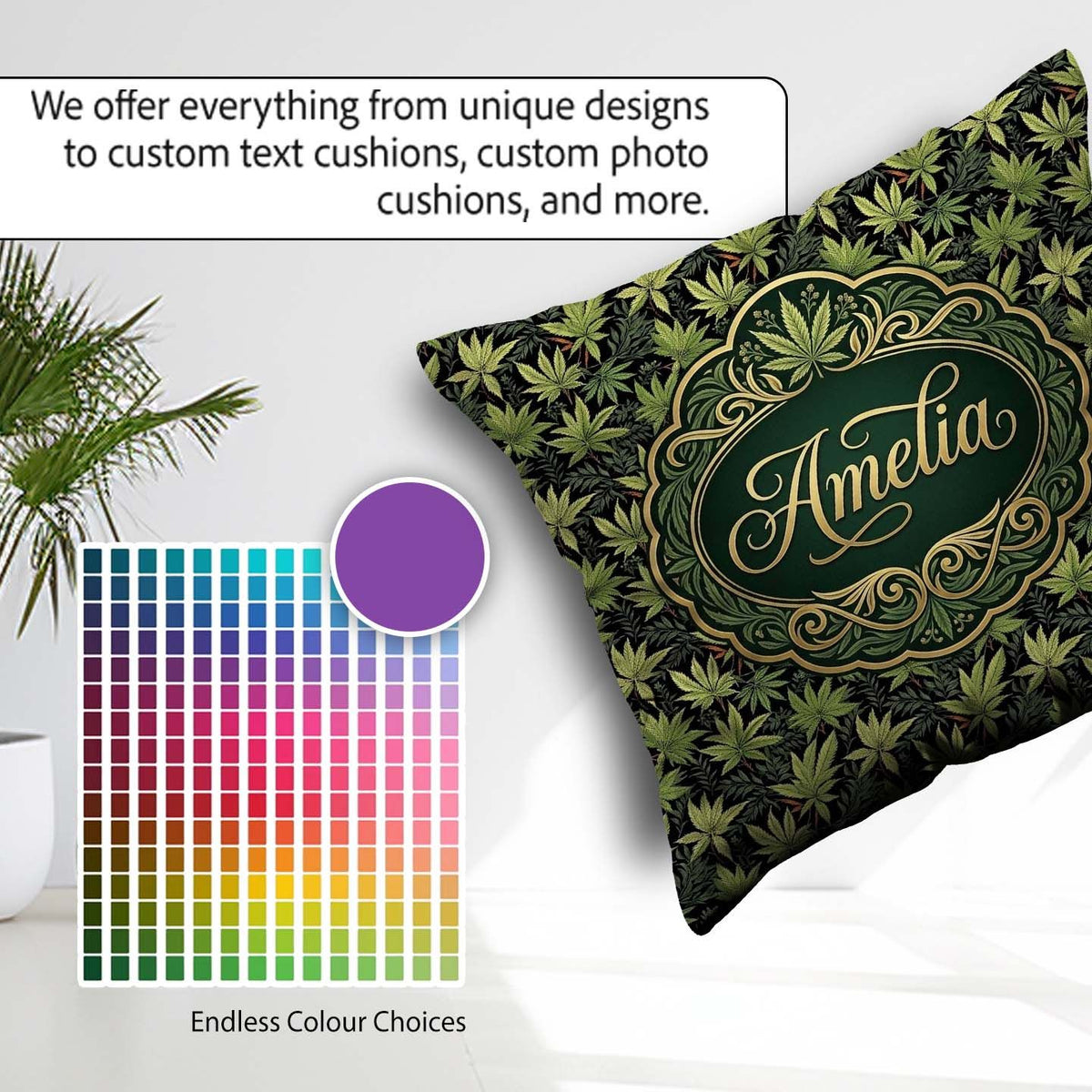 Custom Name Dark Botanical Cannabis Leaf Repeat Seamless Pattern Square Filled Cushion Throw Pillow Sofa Bed Home Decor Zip Washable UK Made