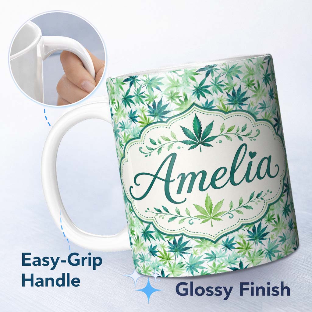 Personalized Custom Name Light Green Blue Watercolor Cannabis Leaves Seamless Pattern Name 11oz Ceramic Coffee Tea Mug White Large Handle