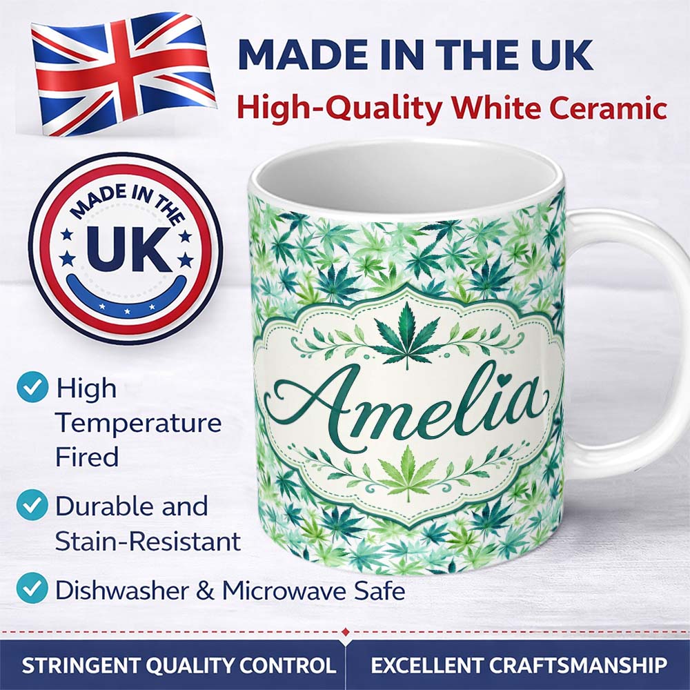 Personalized Custom Name Light Green Blue Watercolor Cannabis Leaves Seamless Pattern Name 11oz Ceramic Coffee Tea Mug White Large Handle