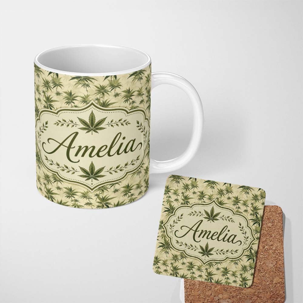 Personalized Custom Name Vintage Olive Green Cannabis Leaves on Beige Seamless Pattern Name 11oz Ceramic Coffee Tea Mug White Large Handle