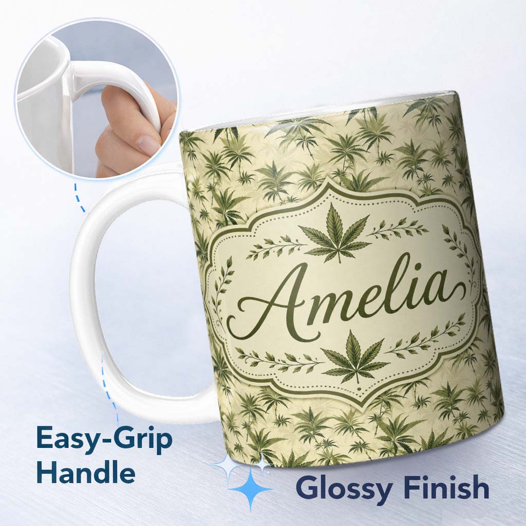 Personalized Custom Name Vintage Olive Green Cannabis Leaves on Beige Seamless Pattern Name 11oz Ceramic Coffee Tea Mug White Large Handle