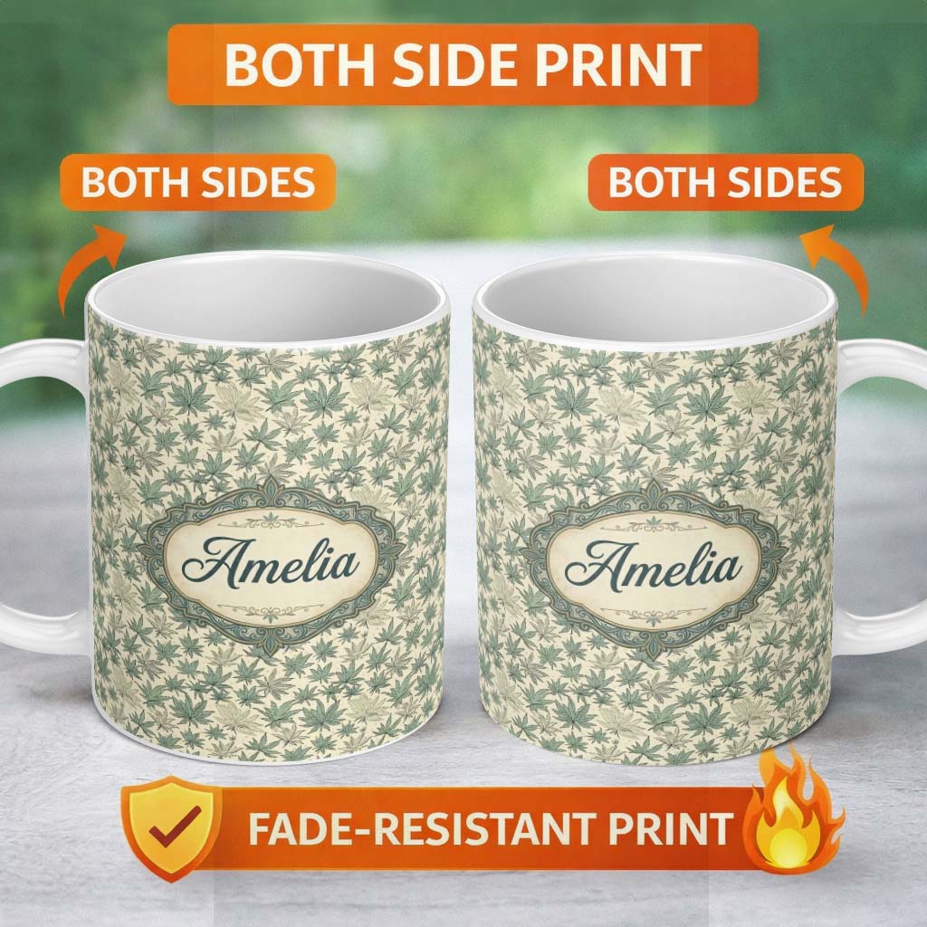 Personalized Custom Name Muted Sage and Cream Cannabis Leaf Repeat Seamless Pattern Name Cute 11oz Ceramic Coffee Tea Mug White Large Handle