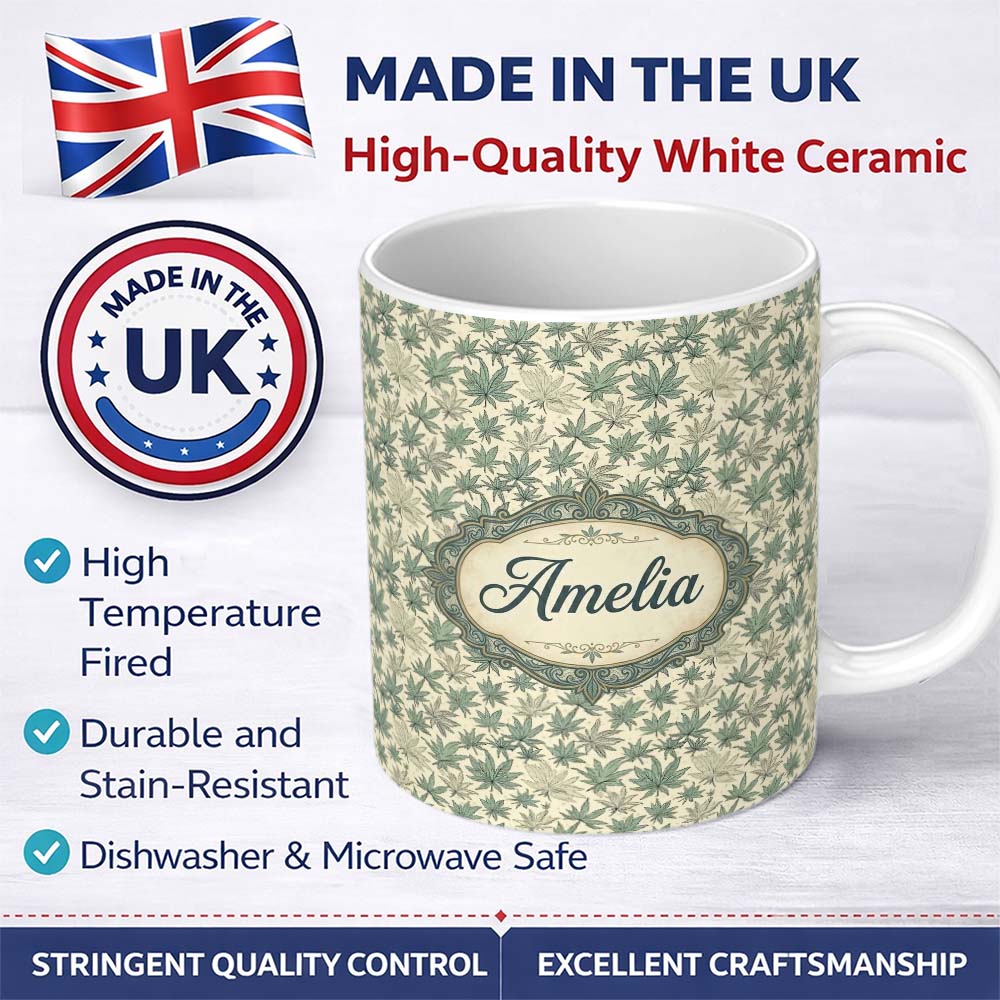 Personalized Custom Name Muted Sage and Cream Cannabis Leaf Repeat Seamless Pattern Name Cute 11oz Ceramic Coffee Tea Mug White Large Handle