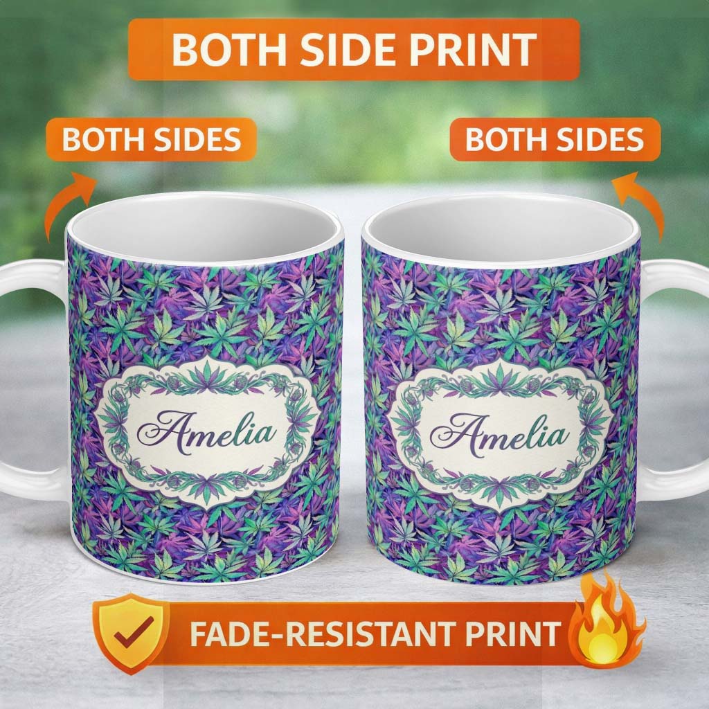 Personalized Custom Name Vibrant Purple and Teal Cannabis Leaves Dense Seamless Pattern Name 11oz Ceramic Coffee Tea Mug White Large Handle