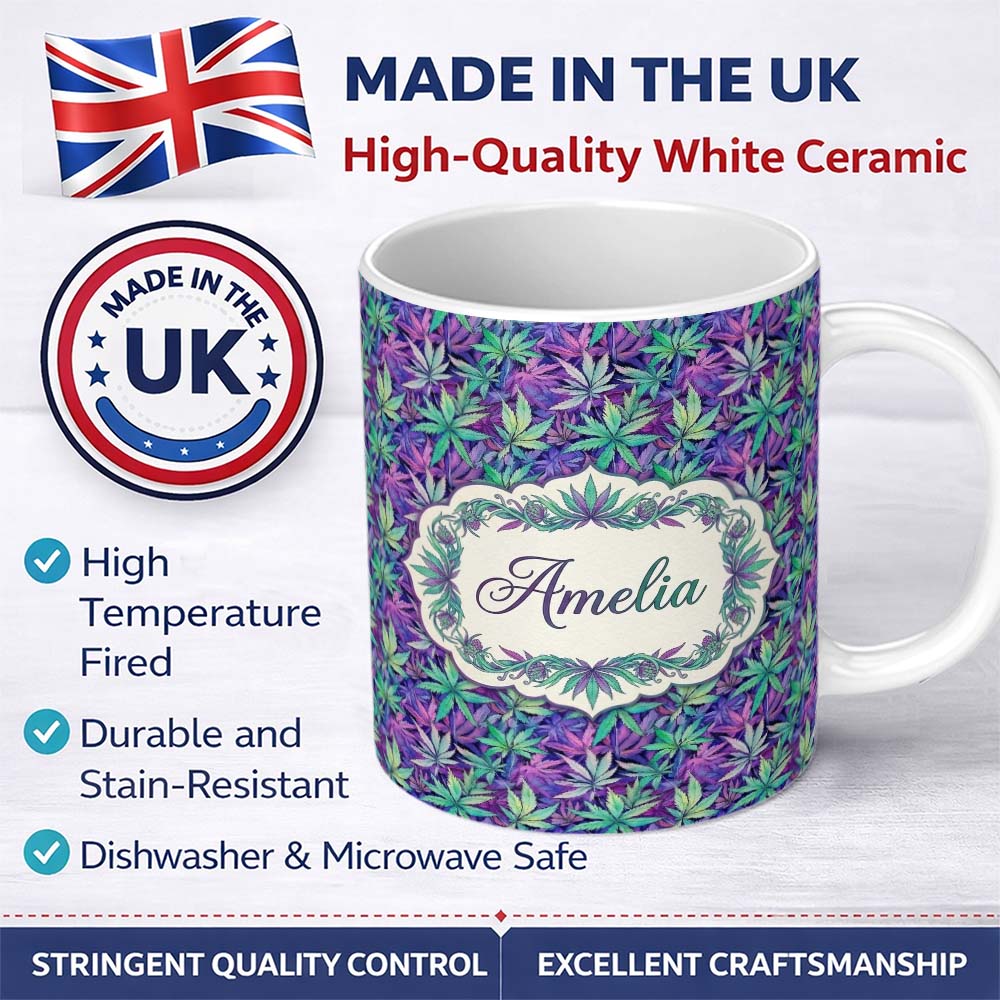 Personalized Custom Name Vibrant Purple and Teal Cannabis Leaves Dense Seamless Pattern Name 11oz Ceramic Coffee Tea Mug White Large Handle
