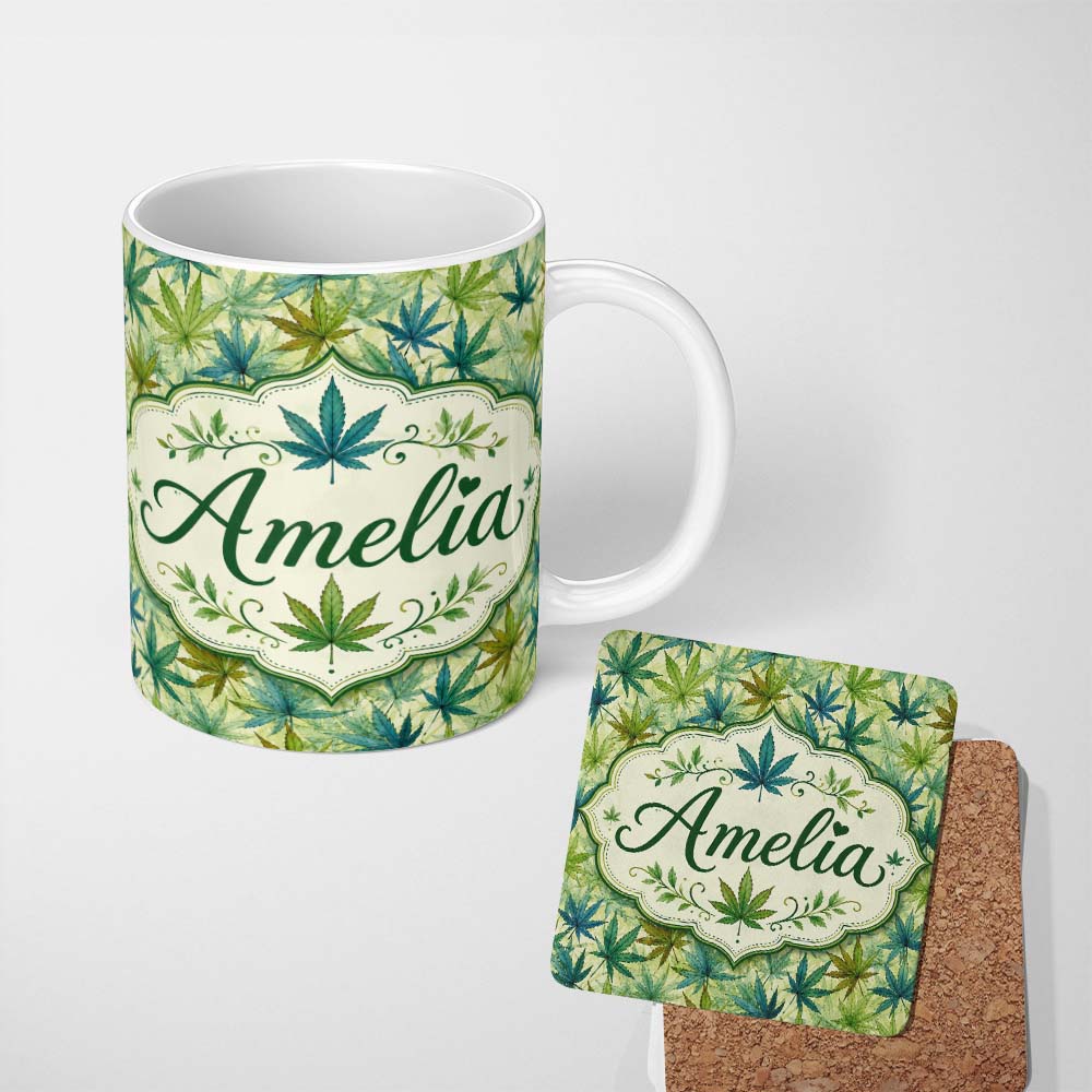 Personalized Custom Name Soft Blue Green and Mustard Cannabis Leaves Seamless Pattern Name 11oz Ceramic Coffee Tea Mug White Large Handle