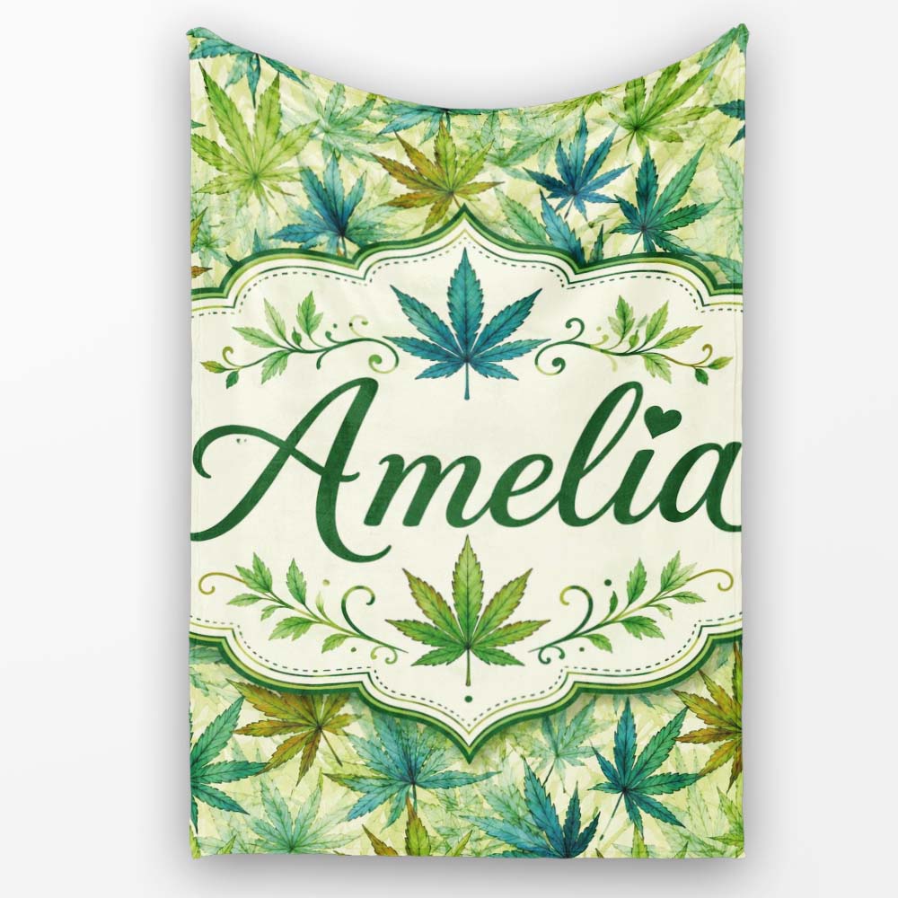 Soft Blue Green and Mustard Cannabis Leaves Seamless Pattern Name Personalised Custom Name Super Soft Fleece Blanket Bed Sofa Throw