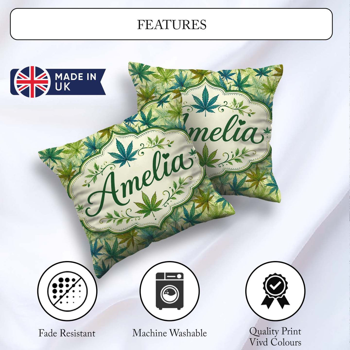 Custom Name Soft Blue Green and Mustard Cannabis Leaves Seamless Square Filled Cushion Throw Pillow Sofa Bed Home Decor Zip Washable UK Made