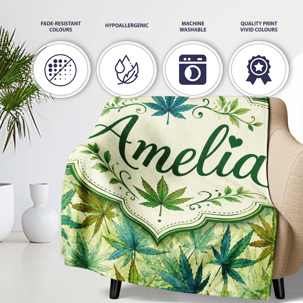 Soft Blue Green and Mustard Cannabis Leaves Seamless Pattern Name Personalised Custom Name Super Soft Fleece Blanket Bed Sofa Throw