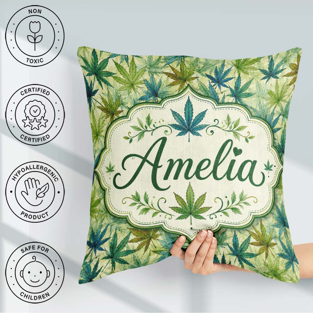 Custom Name Soft Blue Green and Mustard Cannabis Leaves Seamless Square Filled Cushion Throw Pillow Sofa Bed Home Decor Zip Washable UK Made