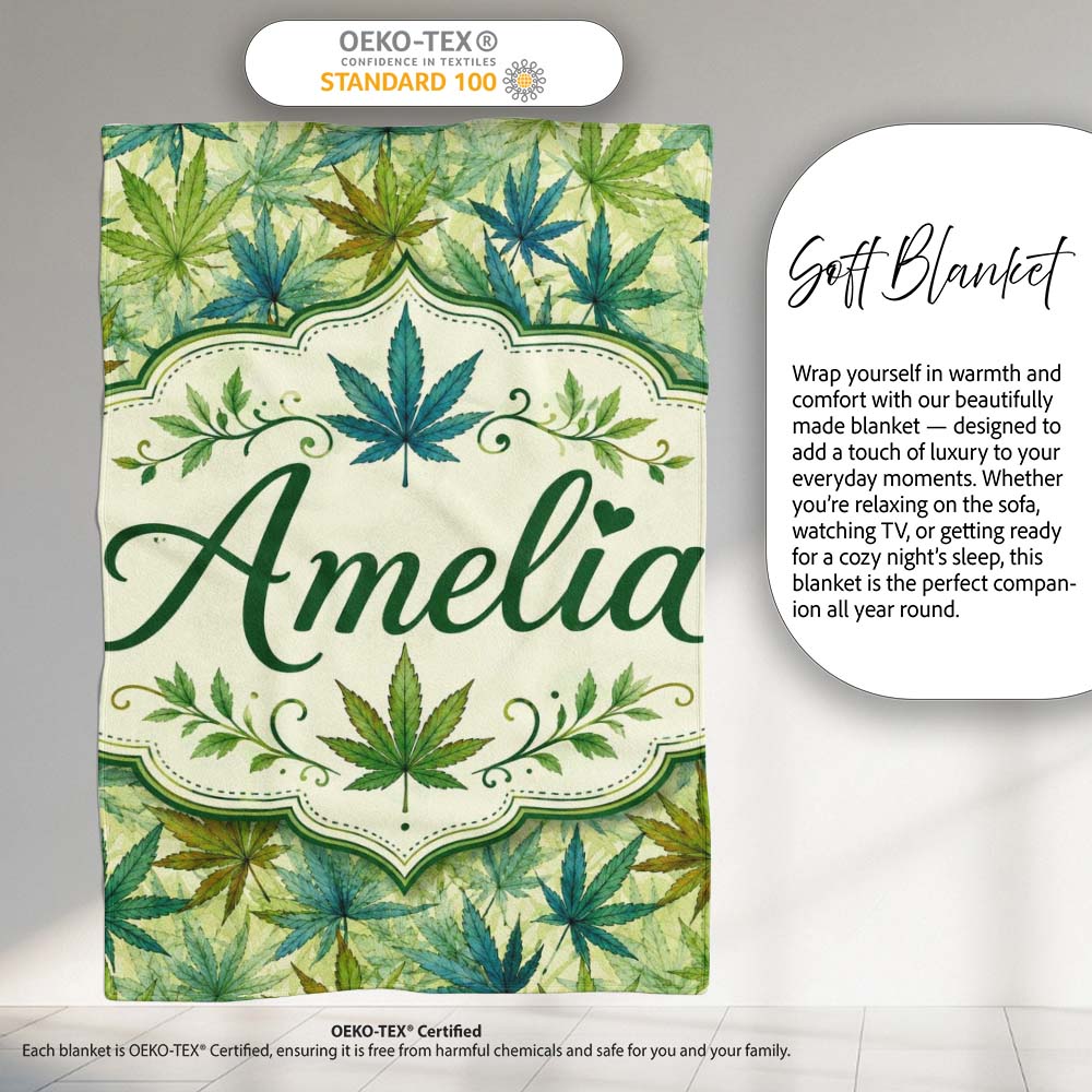 Soft Blue Green and Mustard Cannabis Leaves Seamless Pattern Name Personalised Custom Name Super Soft Fleece Blanket Bed Sofa Throw