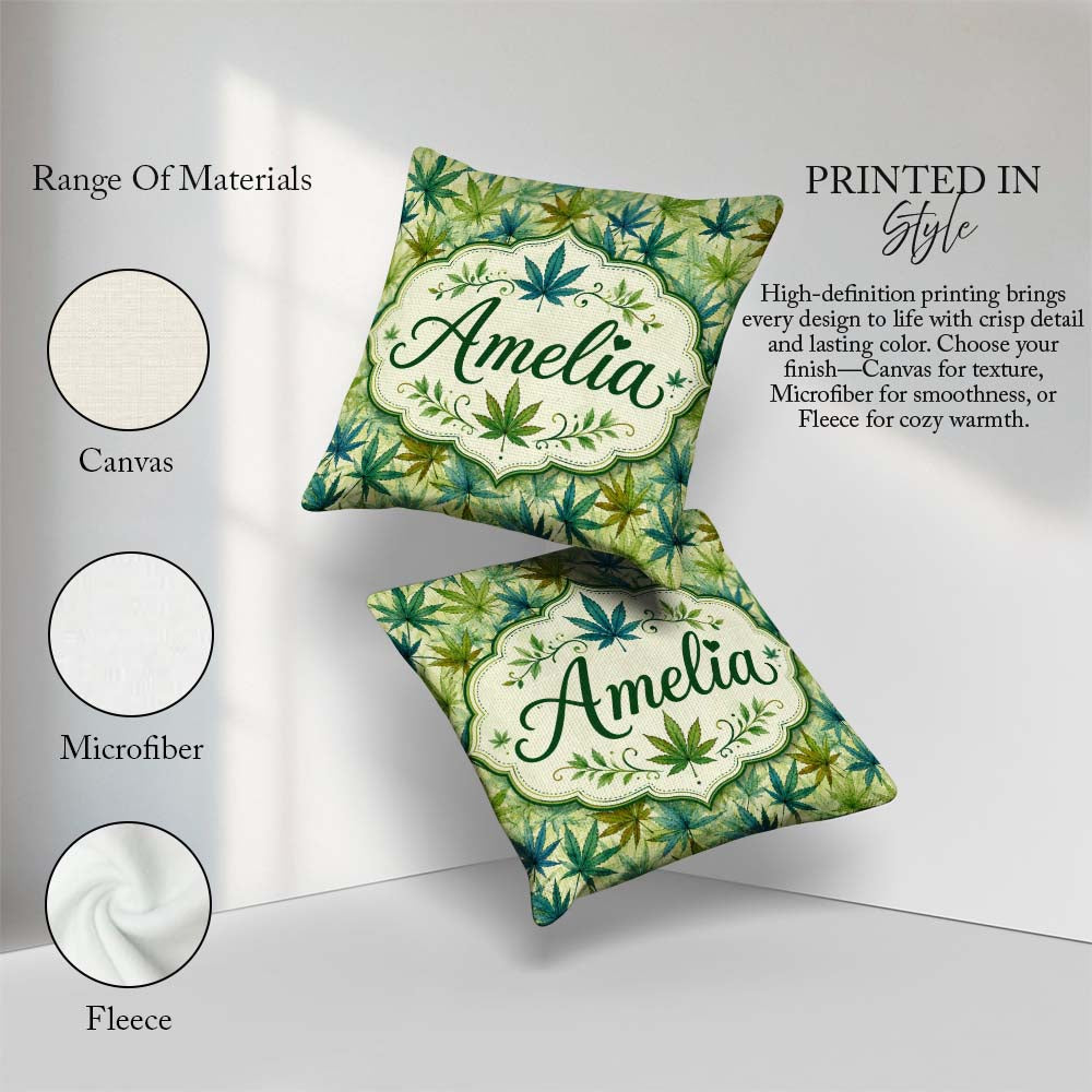 Custom Name Soft Blue Green and Mustard Cannabis Leaves Seamless Square Filled Cushion Throw Pillow Sofa Bed Home Decor Zip Washable UK Made