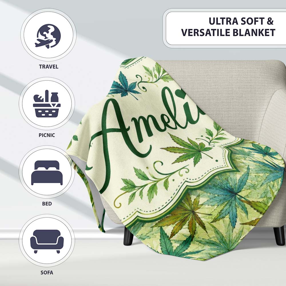 Soft Blue Green and Mustard Cannabis Leaves Seamless Pattern Name Personalised Custom Name Super Soft Fleece Blanket Bed Sofa Throw