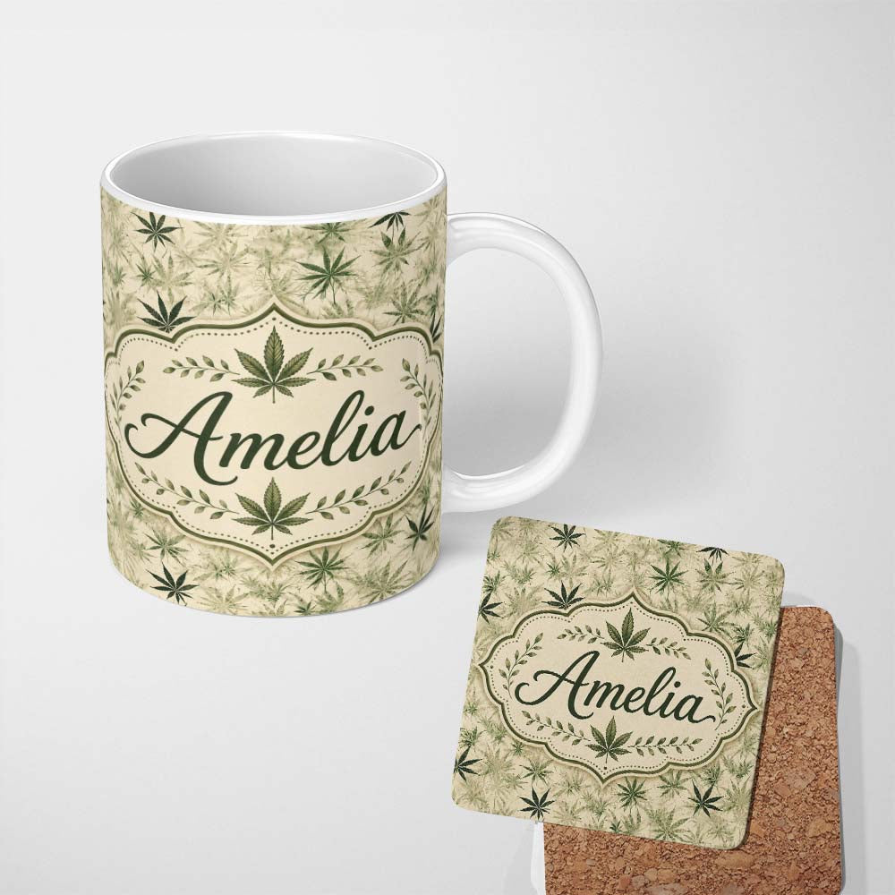 Personalized Custom Name Faded Beige and Green Cannabis Leaf Vintage Seamless Pattern Name 11oz Ceramic Coffee Tea Mug White Large Handle