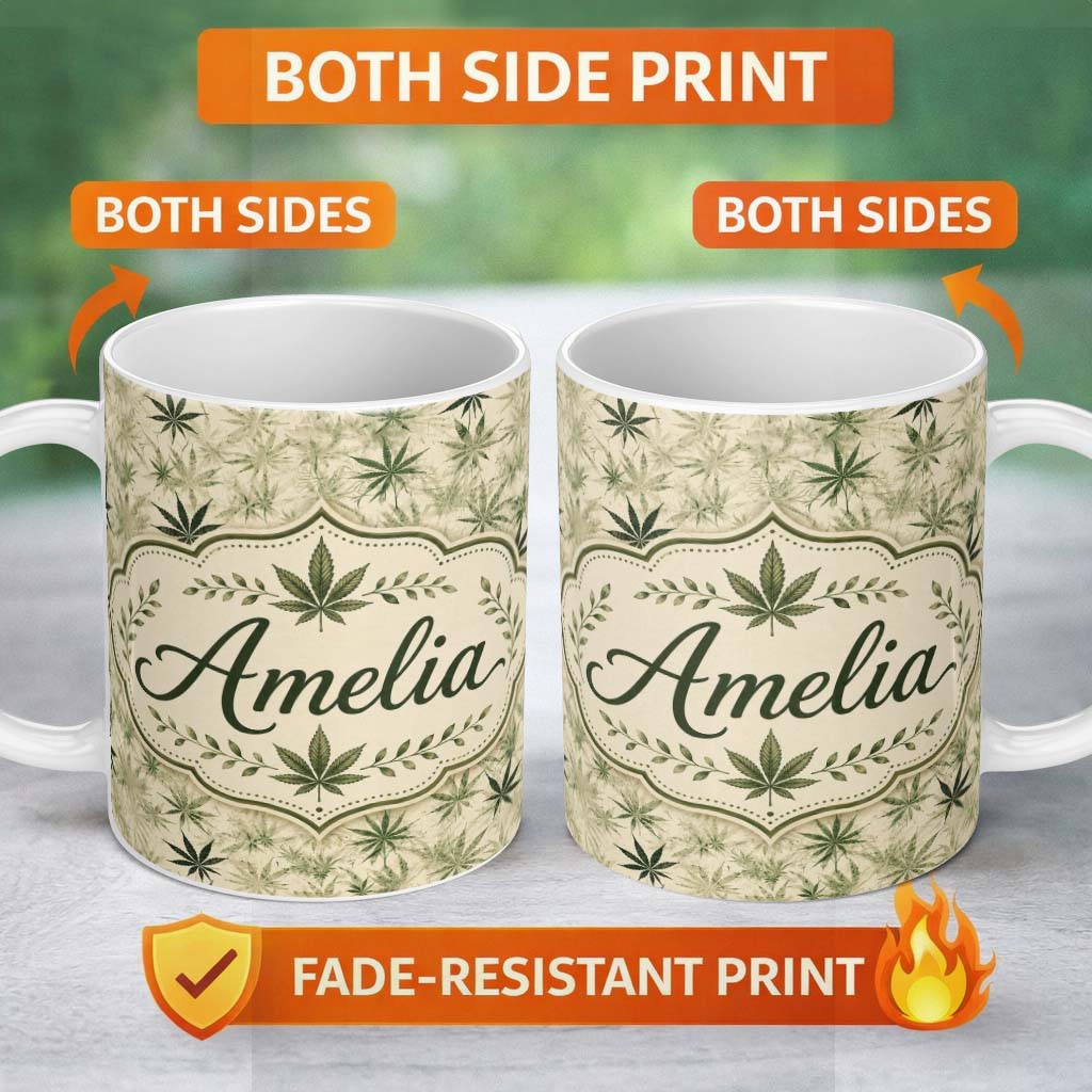 Personalized Custom Name Faded Beige and Green Cannabis Leaf Vintage Seamless Pattern Name 11oz Ceramic Coffee Tea Mug White Large Handle