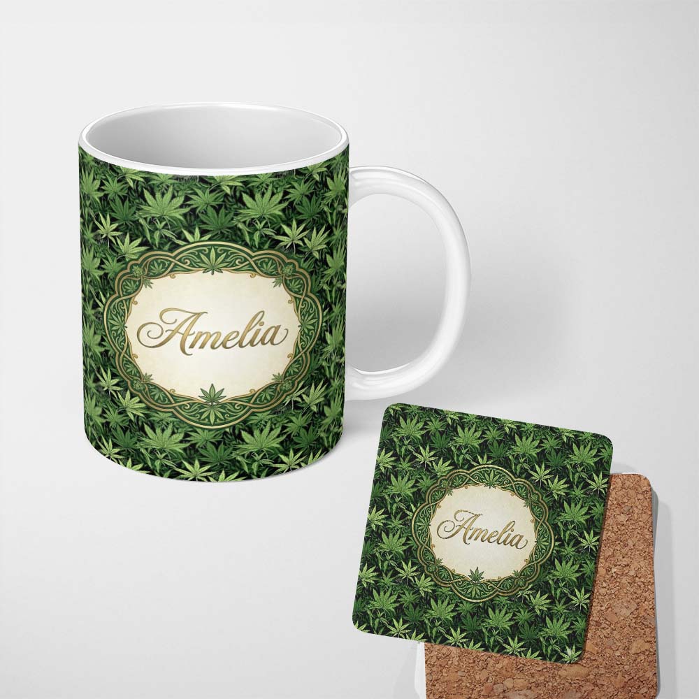 Personalized Custom Name Deep Green Cannabis Jungle Foliage Seamless Pattern Name Cute 11oz Ceramic Coffee Tea Mug White Large Handle