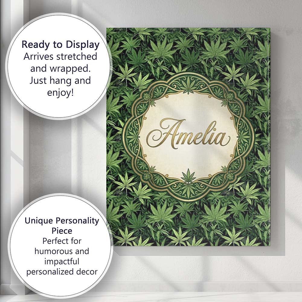 Personalised Name Deep Green Cannabis Custom Modern Room Accent Creative Decorator Style Canvas Wall Art Print Decor Picture Ready to Hang