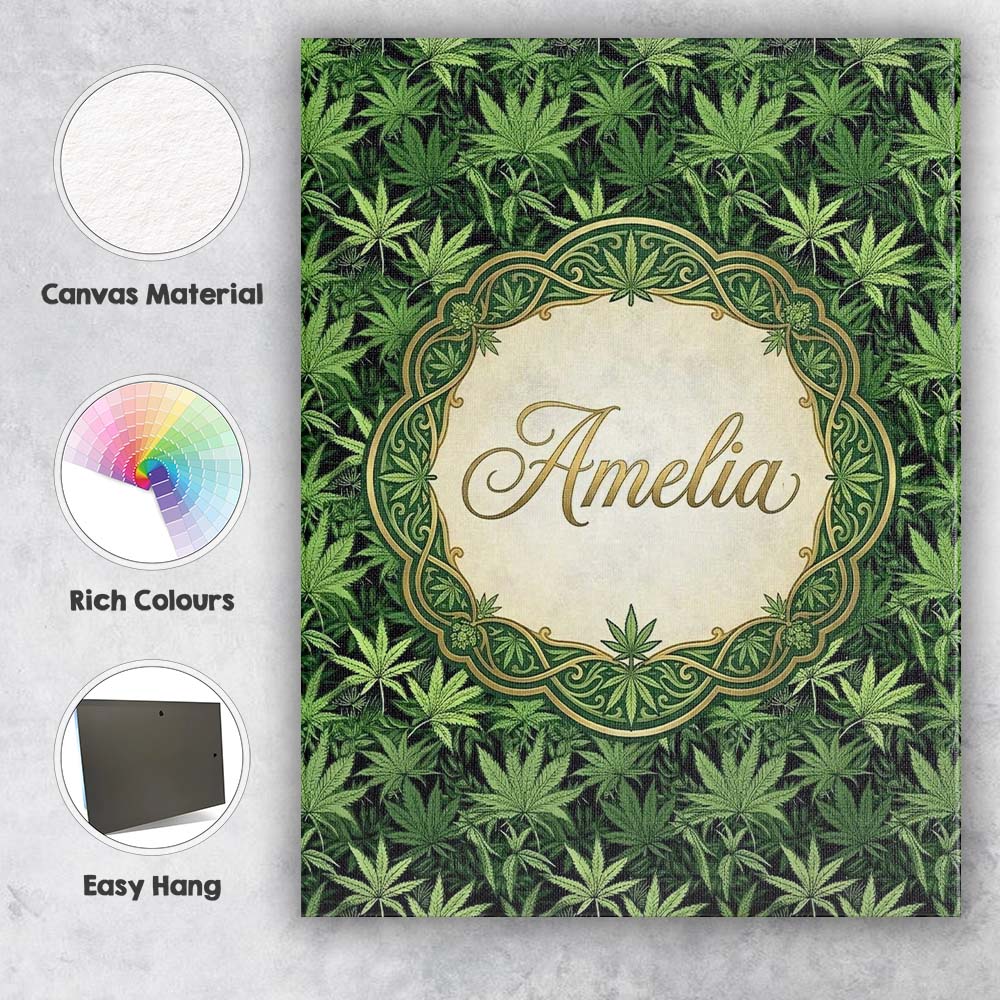 Personalised Name Deep Green Cannabis Custom Modern Room Accent Creative Decorator Style Canvas Wall Art Print Decor Picture Ready to Hang