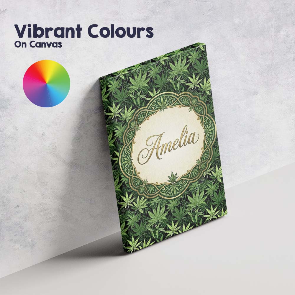 Personalised Name Deep Green Cannabis Custom Modern Room Accent Creative Decorator Style Canvas Wall Art Print Decor Picture Ready to Hang