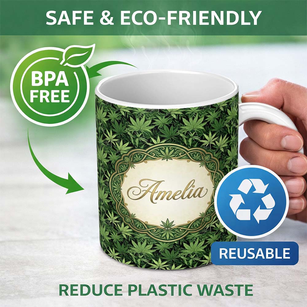 Personalized Custom Name Deep Green Cannabis Jungle Foliage Seamless Pattern Name Cute 11oz Ceramic Coffee Tea Mug White Large Handle