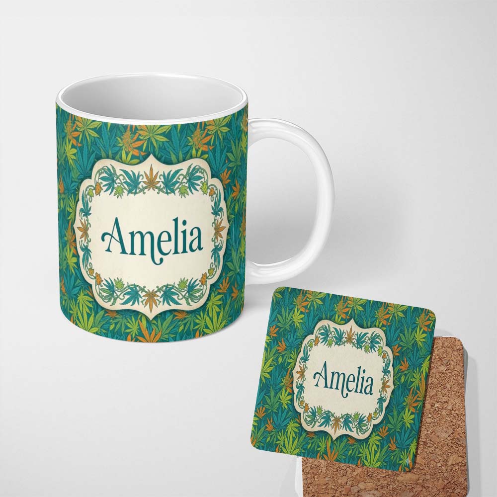 Personalized Custom Name Autumn Yellow Green and Orange Cannabis Leaves Seamless Pattern 11oz Ceramic Coffee Tea Mug White Large Handle