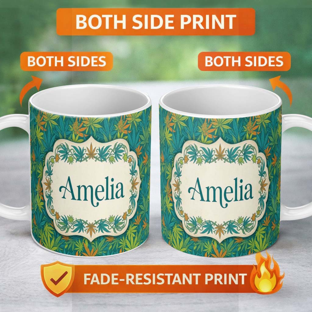 Personalized Custom Name Autumn Yellow Green and Orange Cannabis Leaves Seamless Pattern 11oz Ceramic Coffee Tea Mug White Large Handle