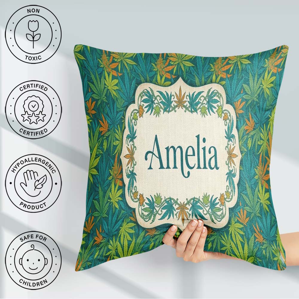 Custom Name Autumn Yellow Green Orange Cannabis Seamless Pattern Square Filled Cushion Throw Pillow Sofa Bed Home Decor Zip Washable UK Made
