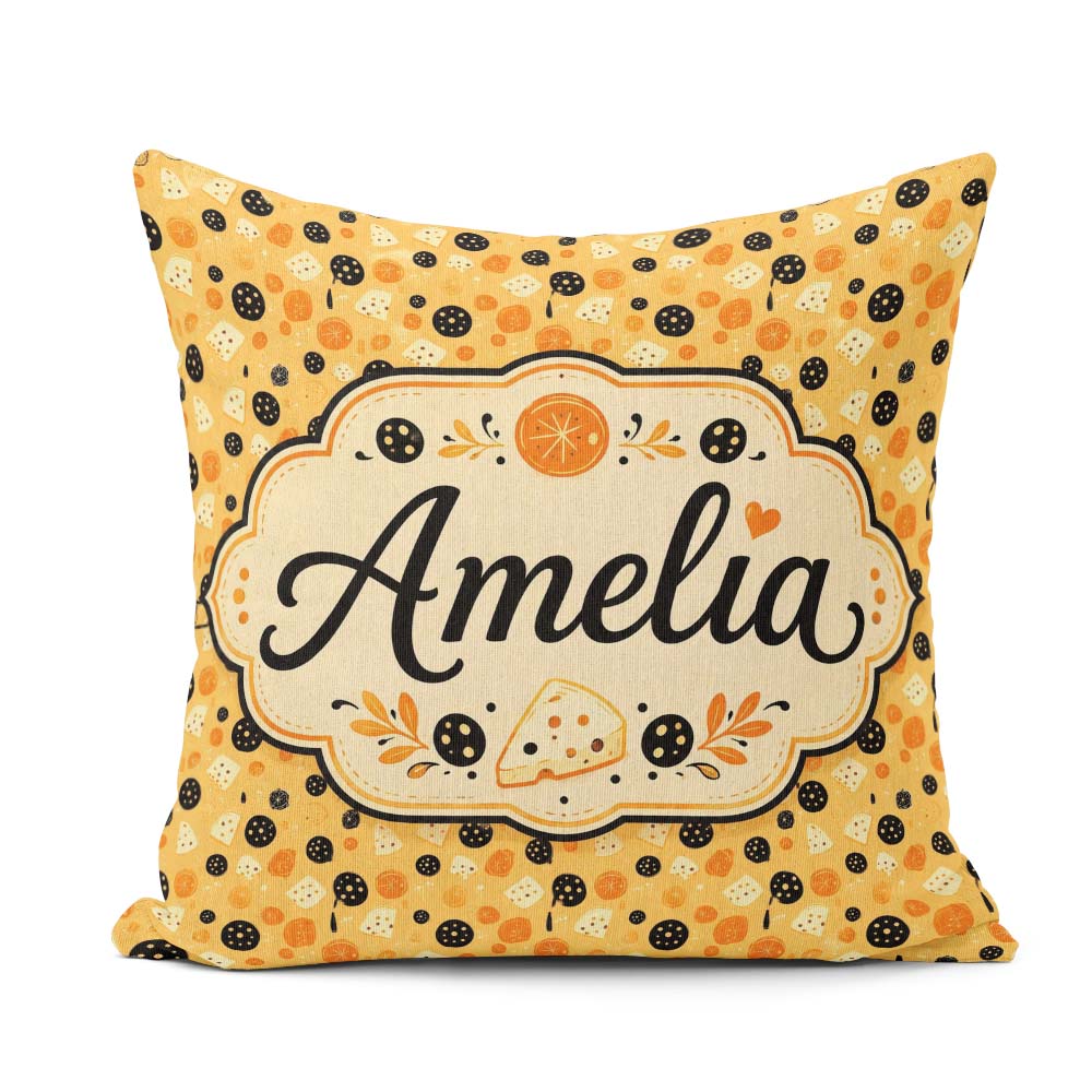 Custom Name Pizza Ingredients Tossed Pattern Seamless Name Cute Square Filled Cushion Throw Pillow Sofa Bed Home Decor Zip Washable UK Made