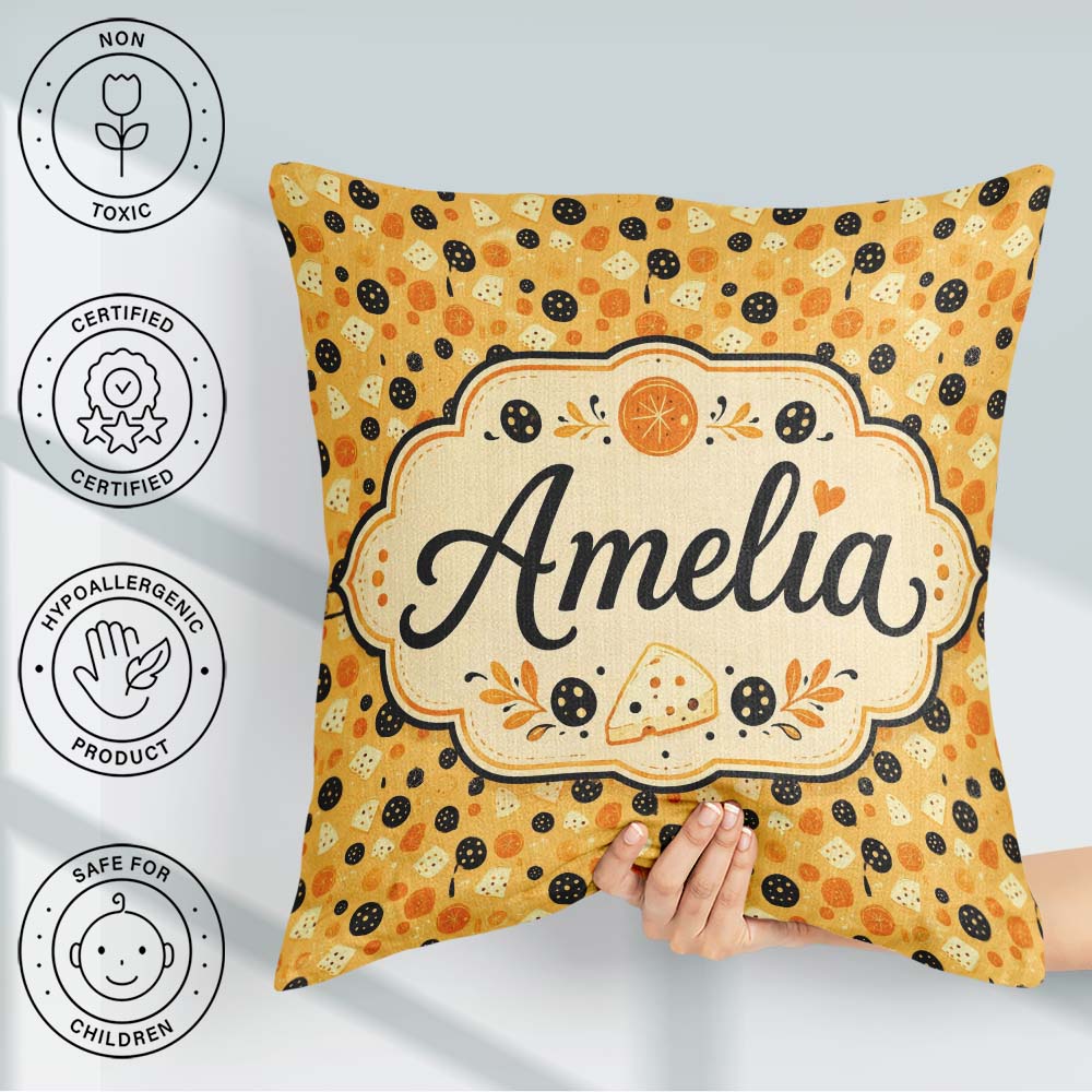 Custom Name Pizza Ingredients Tossed Pattern Seamless Name Cute Square Filled Cushion Throw Pillow Sofa Bed Home Decor Zip Washable UK Made