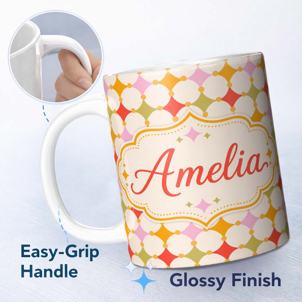 Personalized Custom Name Pastel Circle and Diamond Geometric Seamless Pattern Name Cute 11oz Ceramic Coffee Tea Mug White Large Handle