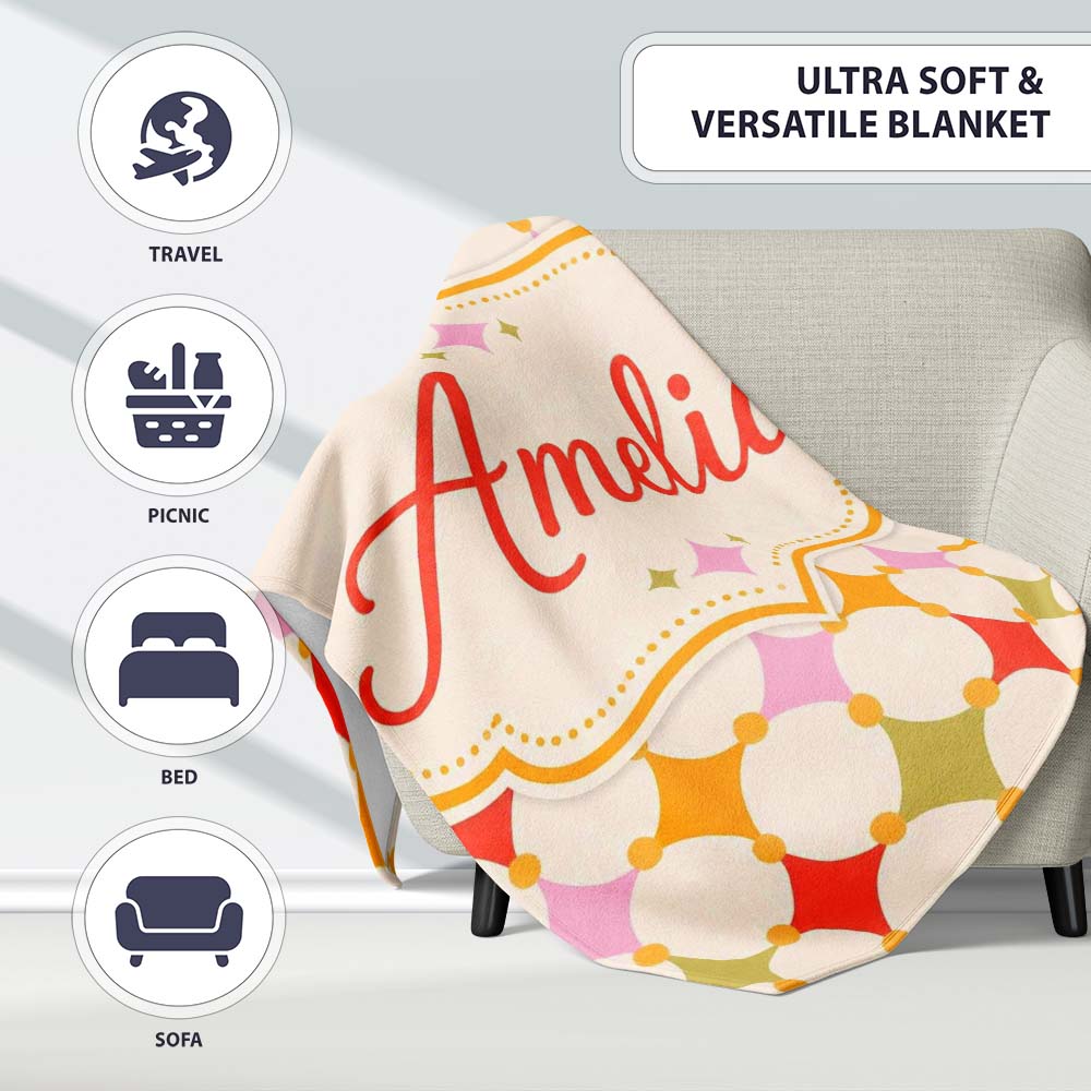 Pastel Circle and Diamond Geometric Seamless Pattern Name Cute Personalised Custom Name Super Soft Fleece Blanket Bed Sofa Throw