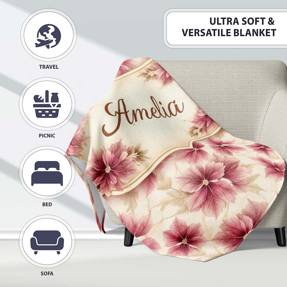 Red Tropical Leaf Jungle Seamless Pattern Cute Unique Gift Personalised Custom Name Super Soft Fleece Blanket Bed Sofa Throw