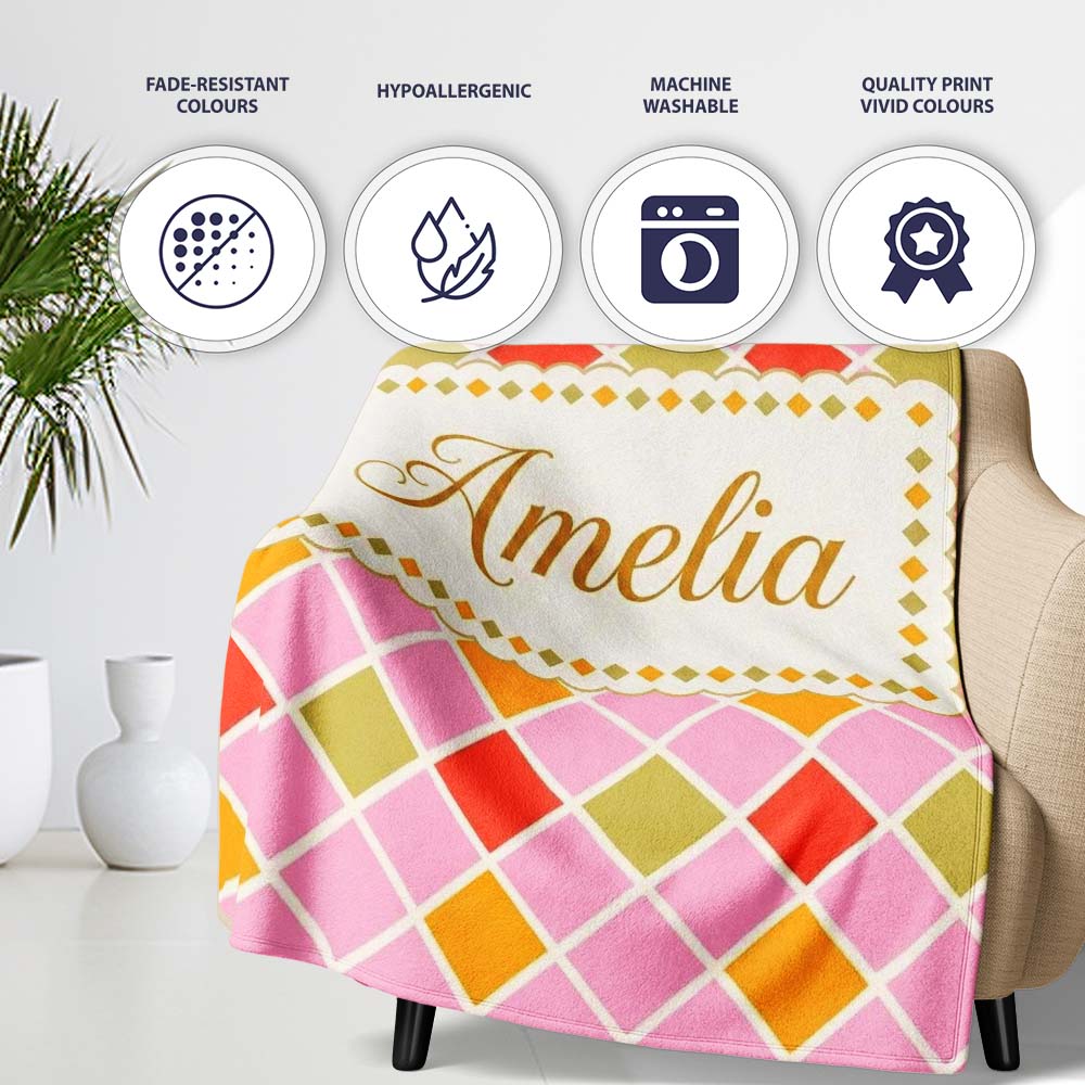 Soft Pink Orange and Olive Diamond Grid Seamless Pattern Name Cute Personalised Custom Name Super Soft Fleece Blanket Bed Sofa Throw