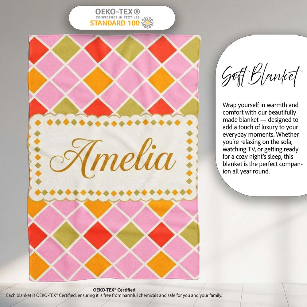 Soft Pink Orange and Olive Diamond Grid Seamless Pattern Name Cute Personalised Custom Name Super Soft Fleece Blanket Bed Sofa Throw