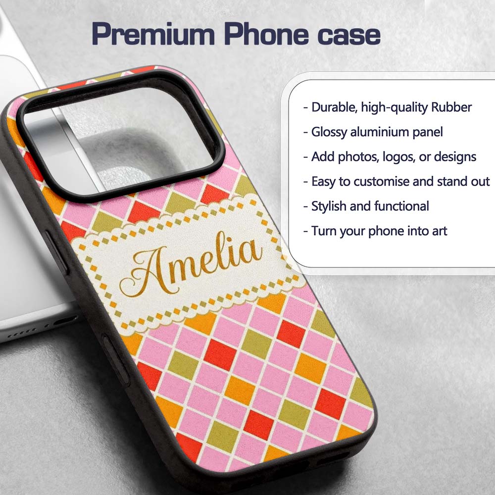 Soft Pink Orange and Olive Diamond Grid Seamless Custom Name Protective Phone Case Mobile Cover Durable Everyday Smartphone Shock Resistant