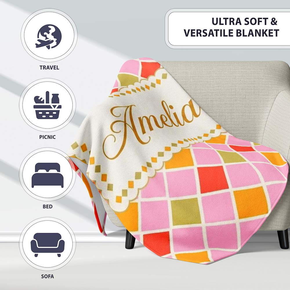 Soft Pink Orange and Olive Diamond Grid Seamless Pattern Name Cute Personalised Custom Name Super Soft Fleece Blanket Bed Sofa Throw