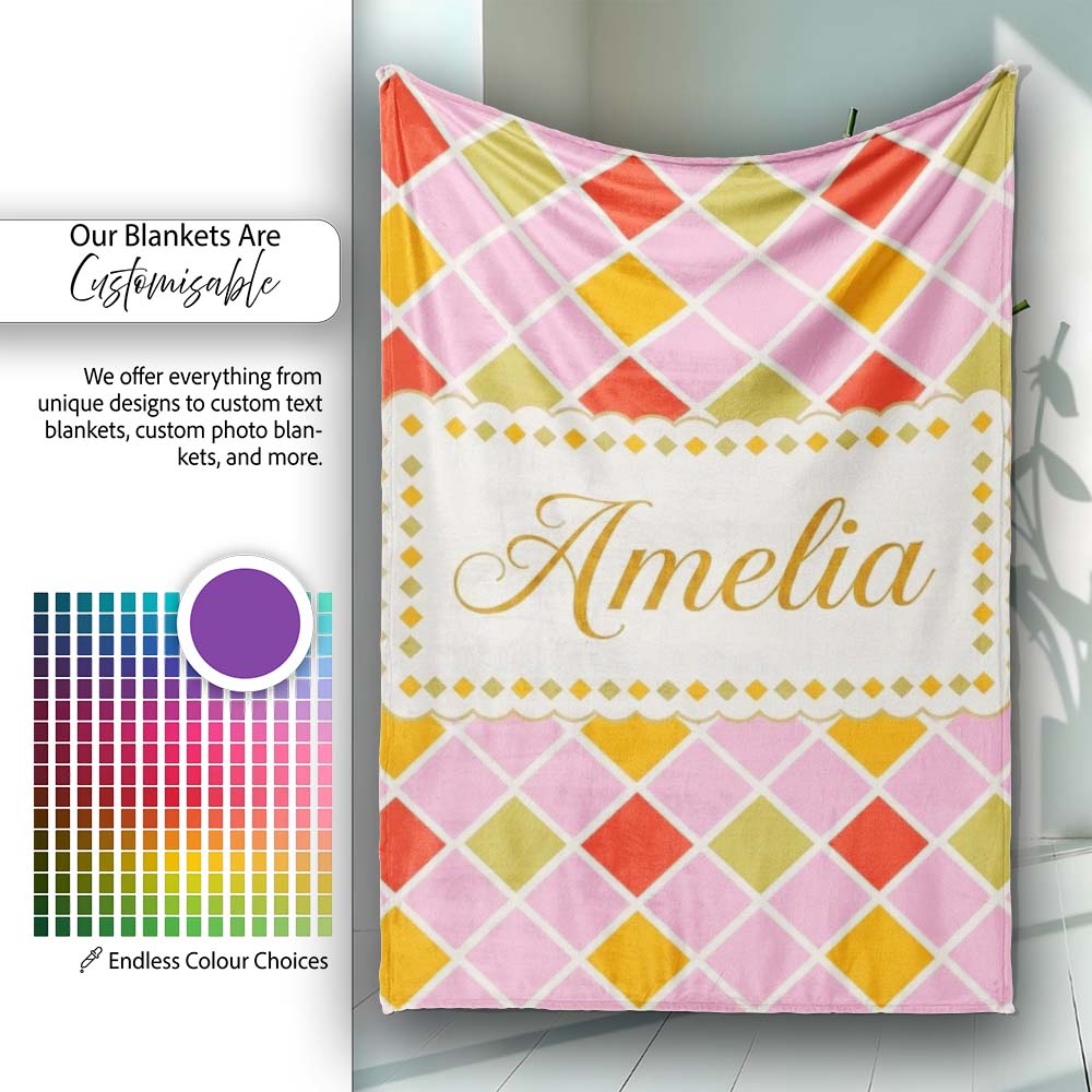 Soft Pink Orange and Olive Diamond Grid Seamless Pattern Name Cute Personalised Custom Name Super Soft Fleece Blanket Bed Sofa Throw