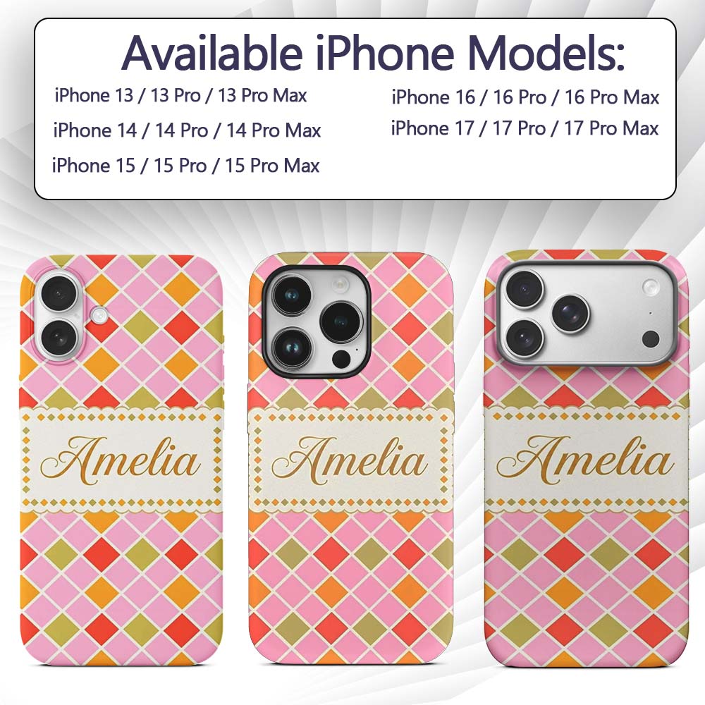 Soft Pink Orange and Olive Diamond Grid Seamless Custom Name Protective Phone Case Mobile Cover Durable Everyday Smartphone Shock Resistant