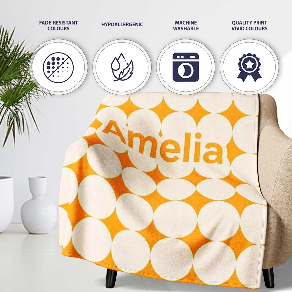 Warm Mustard Background with Cream Circle Repeat Seamless Pattern Personalised Custom Name Super Soft Fleece Blanket Bed Sofa Throw